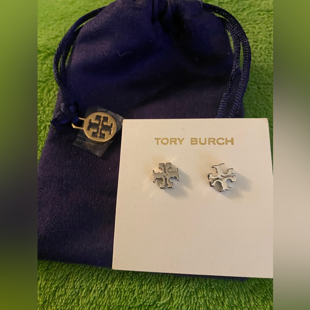 Tory Burch TB Silver Tone T logo stud earrings
